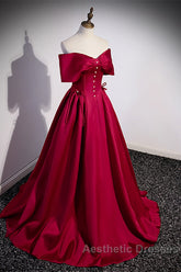 Wine Red Satin Sweetheart Long Evening Dresses, Wine Red Satin Evening Prom Dresses